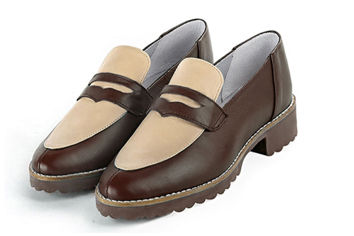 Dark brown and champagne beige women's casual loafers. Round toe. Flat rubber soles. Front view - Florence KOOIJMAN